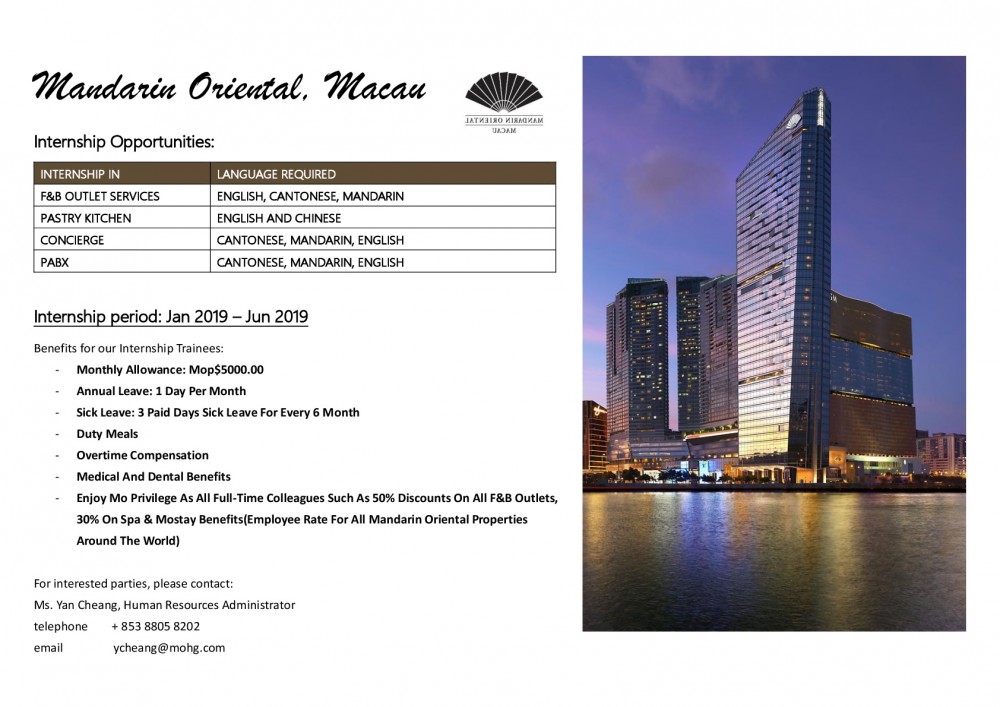 Mandarin Oriental Macau Internship Program Recruitment